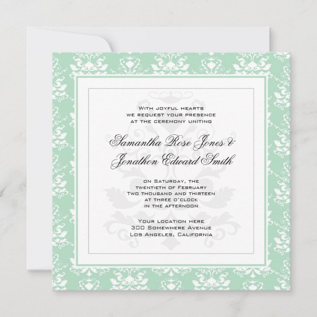 Mint and White Damask Photo Wedding bjudande Inbjudningar (Framsida)