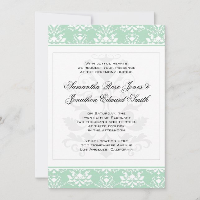 Mint and White Damask Wedding bjudande Inbjudningar (Framsida)