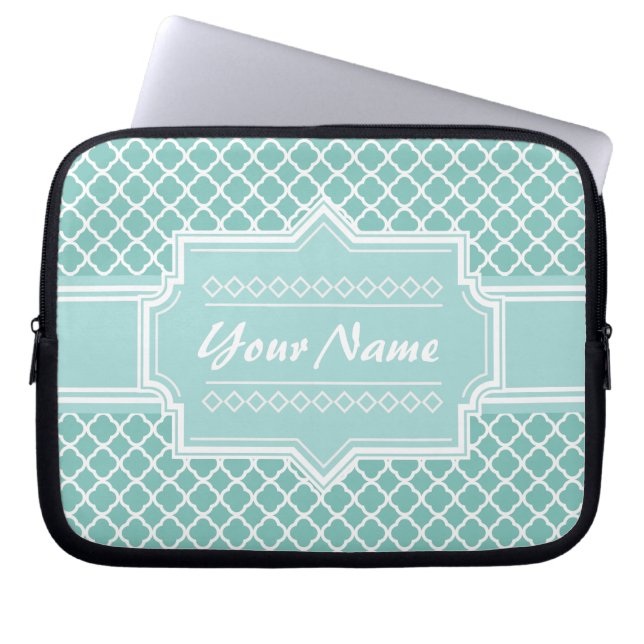 Mint and White Moroccan Quatrefoil Lattice Laptop Sleeve (Framsidan)