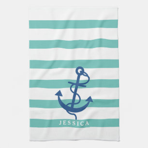 Mint and White Rand Blue Nautical Anchor 2 Kökshandduk