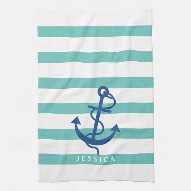 Mint and White Rand Blue Nautical Anchor 2 Kökshandduk (Vertikal)