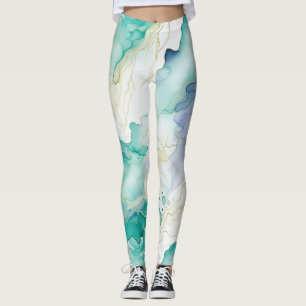 Mint Aqua Blue Bläck Marble Leggings