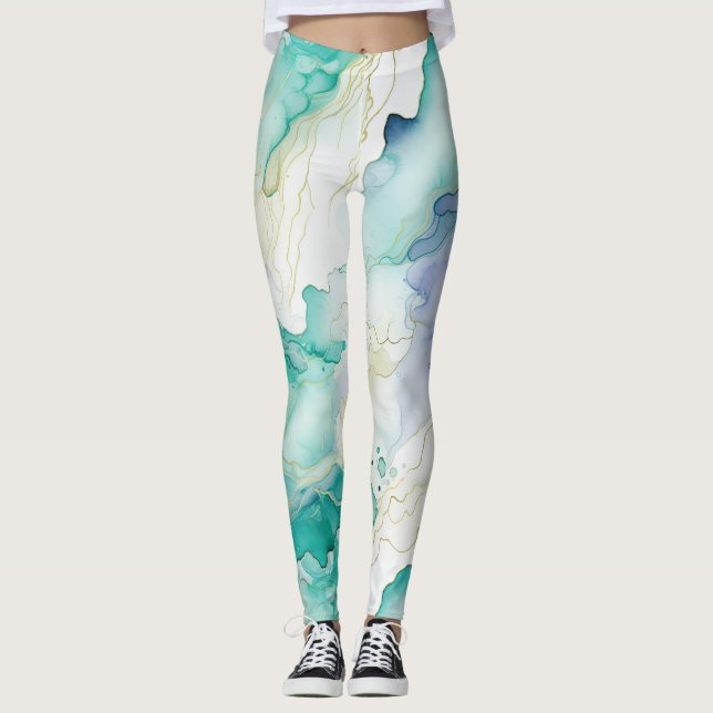 Mint Aqua Blue Bläck Marble Leggings (Framsida)