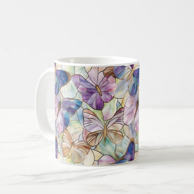 Mint Aqua Blue Lila Butterflies Kaffemugg (Framsida vänster)