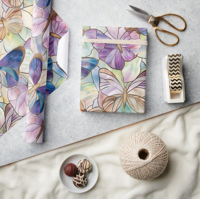 Mint Aqua Blue Lila Butterflies Presentpapper (Hantverk)