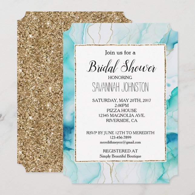 Mint Aqua Guld Bläck Marble Inbjudningar (Fram/baksida)