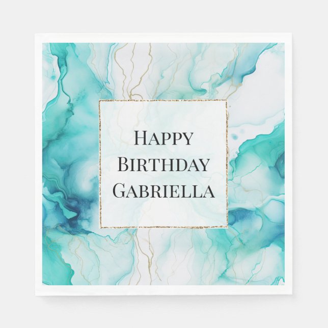 Mint Aqua Guld Bläck Marble Pappersservett (Framsidan)