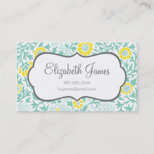 Mint Aqua och Gult Retro Blommigt Damask Visitkort
