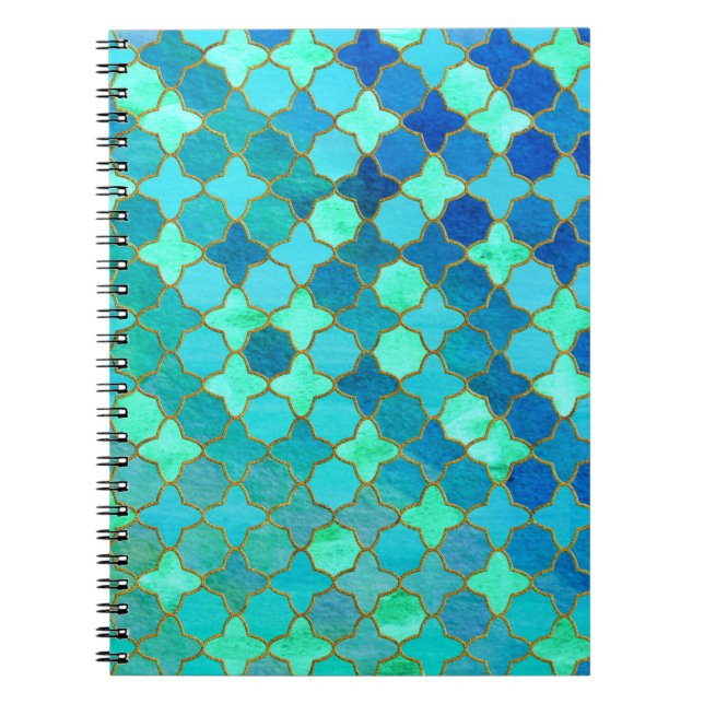 Mint Aqua Teal Guld Oriental Moroccan Tile mönster Anteckningsbok (Framsidan)