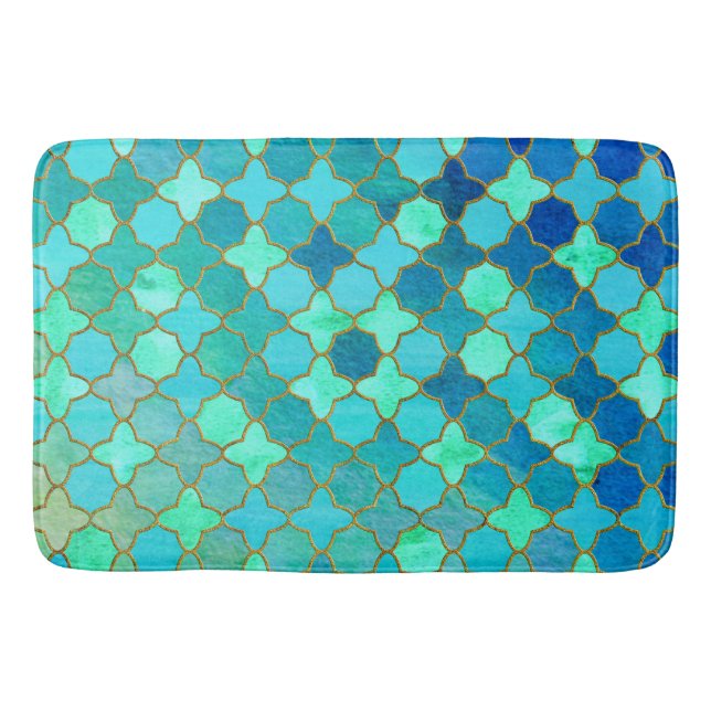 Mint Aqua Teal Guld Oriental Moroccan Tile mönster Badrumsmatta (Framsidan)