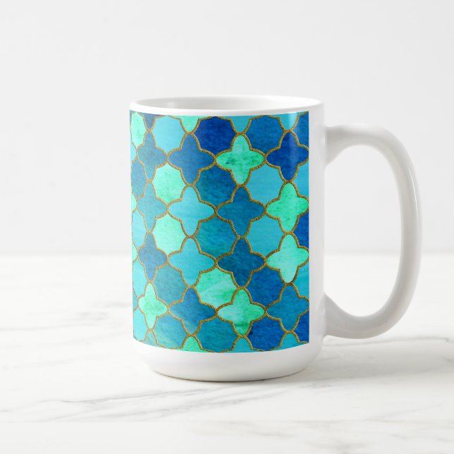 Mint Aqua Teal Guld Oriental Moroccan Tile mönster Kaffemugg (Höger)