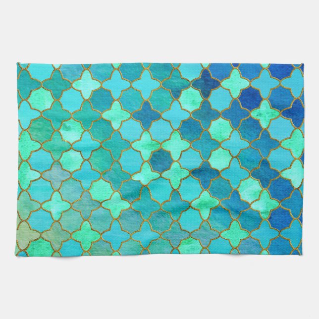 Mint Aqua Teal Guld Oriental Moroccan Tile mönster Kökshandduk (Horisontell)
