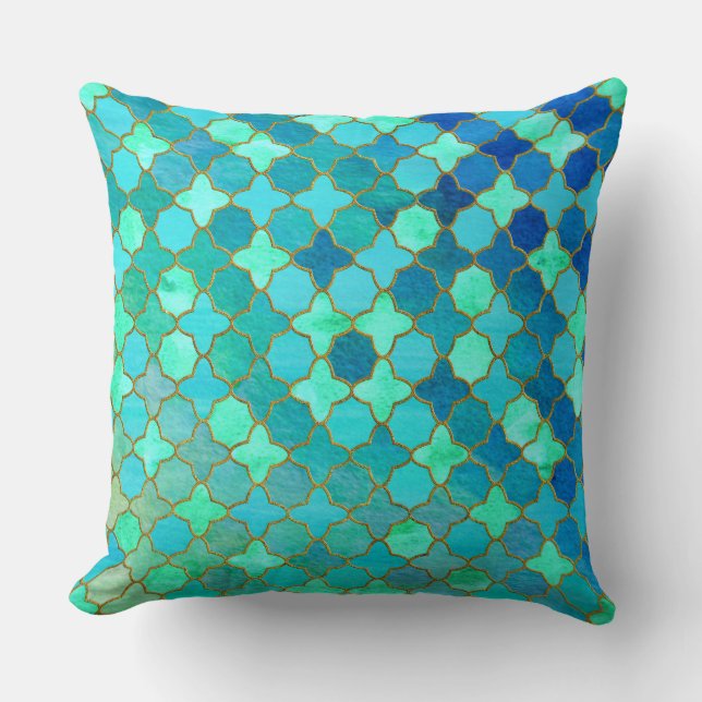 Mint Aqua Teal Guld Oriental Moroccan Tile mönster Kudde (Framsida)