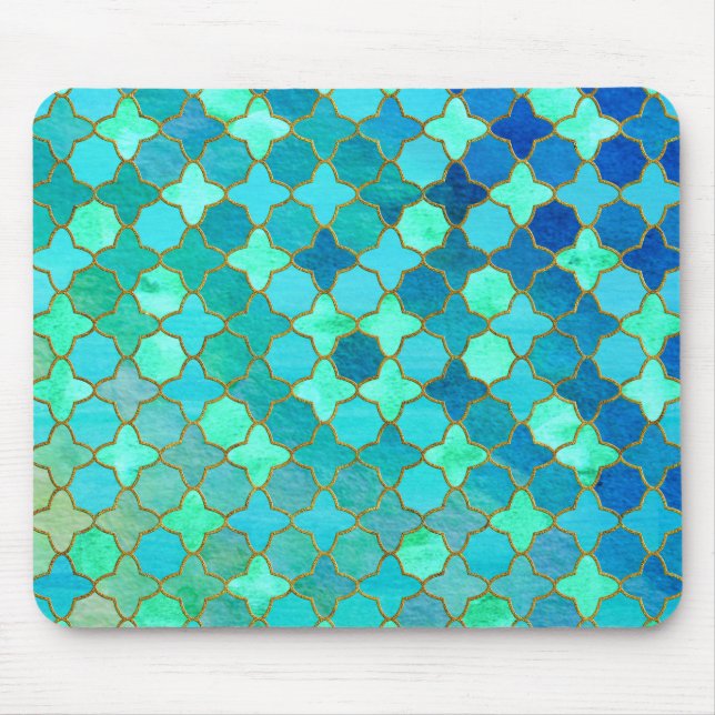 Mint Aqua Teal Guld Oriental Moroccan Tile mönster Musmatta (Framsidan)