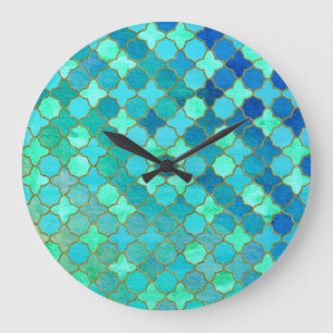 Mint Aqua Teal Guld Oriental Moroccan Tile mönster Stor Klocka