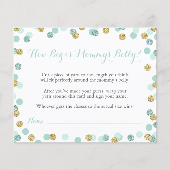 Mint Baby Shower Hur stort är Mamma Belly Game (Framsida)
