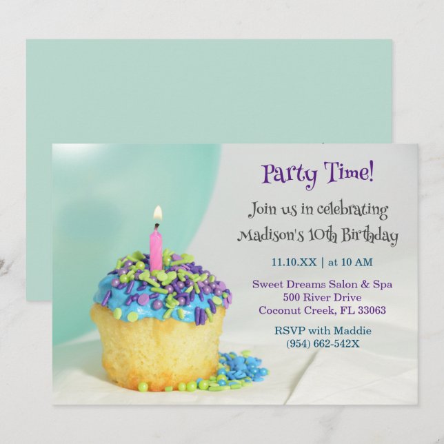Mint Balloon blue cuppie Birthday-inbjudan Inbjudningar (Fram/baksida)