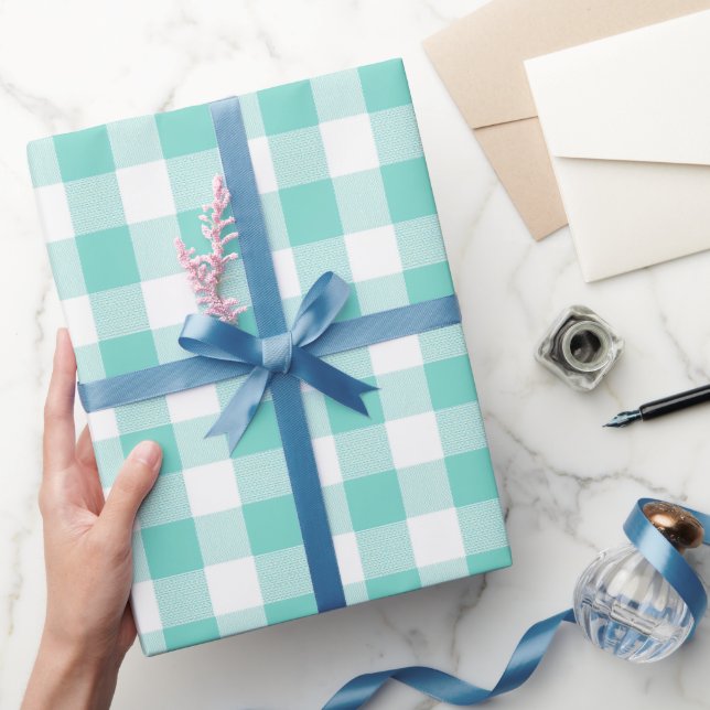 Mint Blå Frisk Gingham Bris Rutigt Mönster Presentpapper (Gifting)
