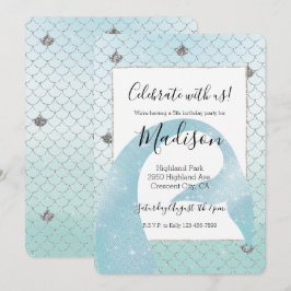 Mint Blå Ombre Silver Glitter Mermaid Födelsedag Inbjudningar