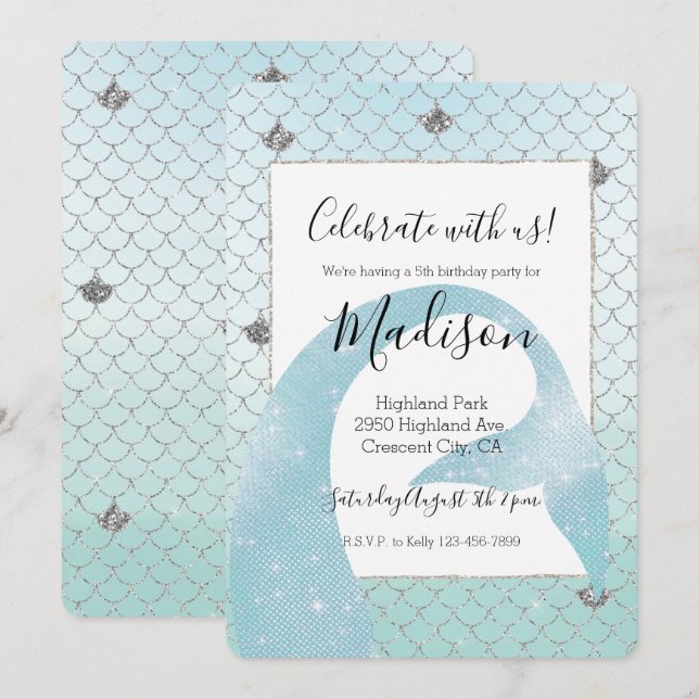 Mint Blå Ombre Silver Glitter Mermaid Födelsedag Inbjudningar (Fram/baksida)