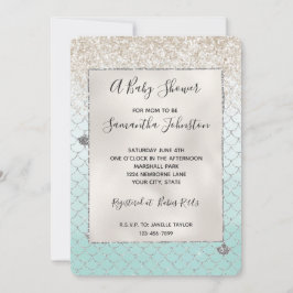Mint Blå Ombre Silver Glitter Sömmermaid Baby Show Inbjudningar