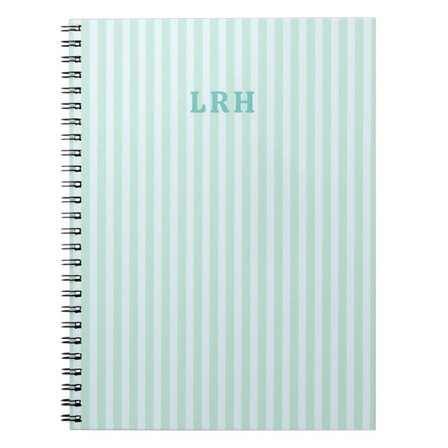 Mint Blå Randig Design Små Initialer Monogram Anteckningsbok (Framsidan)