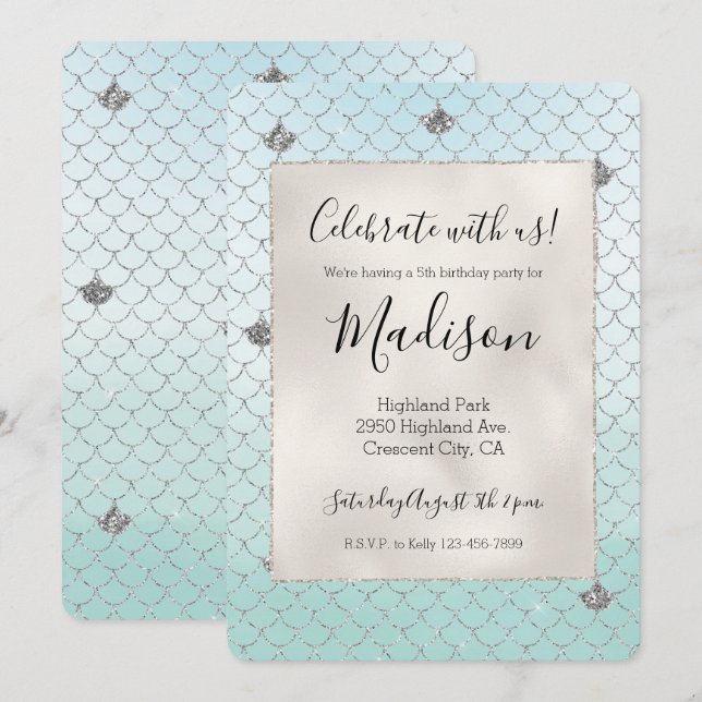 Mint Blå Silver Glitter Glans Siren Födelsedag Inbjudningar (Fram/baksida)