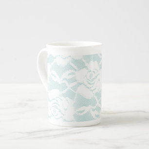 Mint Blå Vita Spets Rosor Blommig Benporslin Mugg