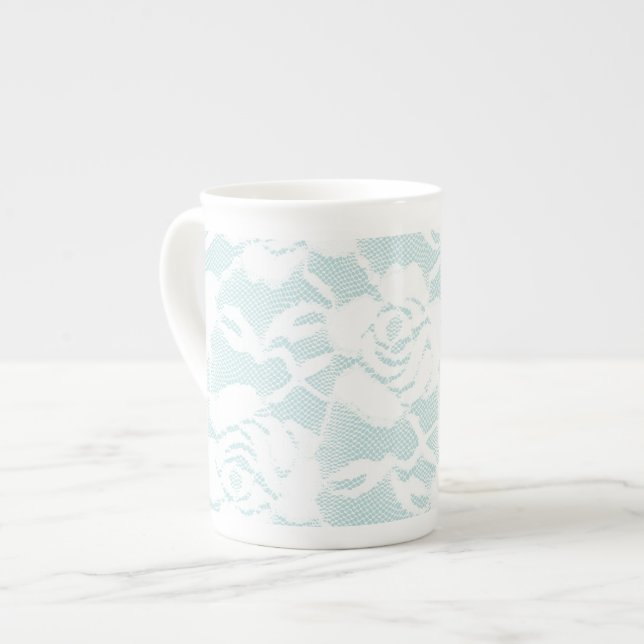 Mint Blå Vita Spets Rosor Blommig Benporslin Mugg (Framsida vänster)