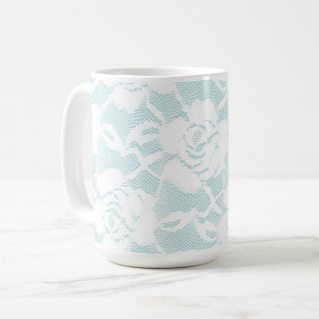 Mint Blå Vita Spetsrosor Blommig Kaffemugg (Framsida vänster)