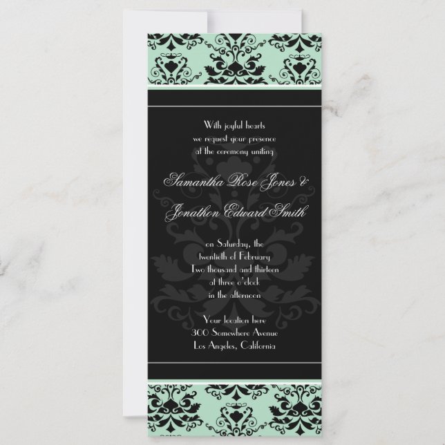Mint & Black Damask Slim bröllopsinbjudning Inbjudningar (Framsida)