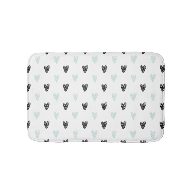 Mint & Black Hearts Doodles Mönster Bath Mat Badrumsmatta (Framsidan)