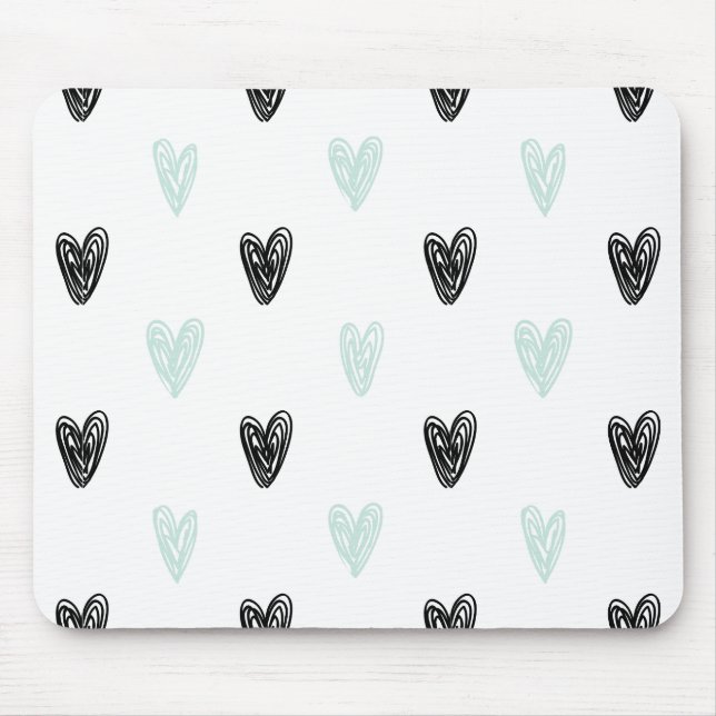 Mint & Black Hearts Doodles Mönster Mousepad Musmatta (Framsidan)