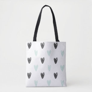 Mint & Black Hearts Doodles Mönster Tote Bag Tygkasse