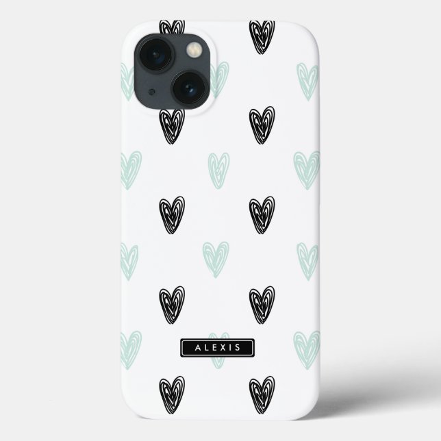 Mint & Black Hearts Mönster Personlig iPad Case (Baksida)