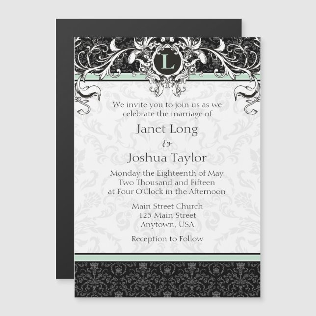Mint Black Monogram Magnetic Wedding-inbjudan Magnetisk Inbjudningskort (Fram/baksida)