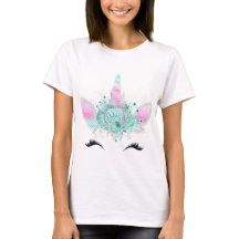 Mint Blommigt Unicorn Ansikte T-shirt