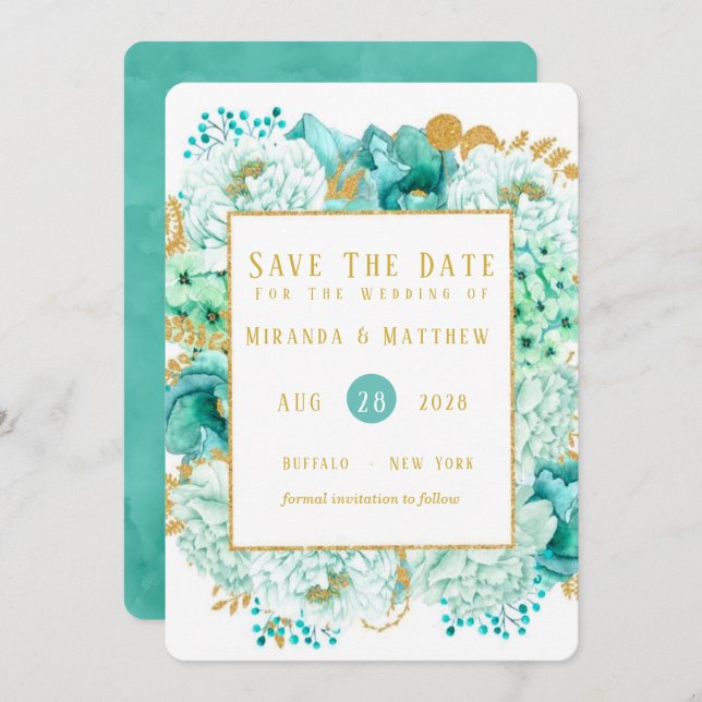 Mint Blommigts and Guld Foliage Save Date Card Inbjudningar (Fram/baksida)