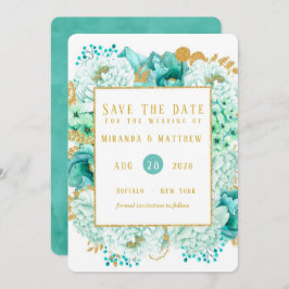 Mint Blommigts and Guld Foliage Save Date Card Inbjudningar