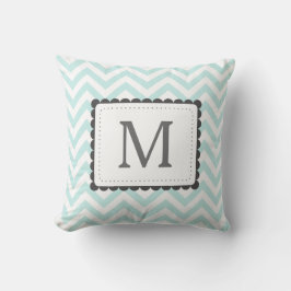 Mint Blue and White Chevron Anpassningsbar Monogra Kudde
