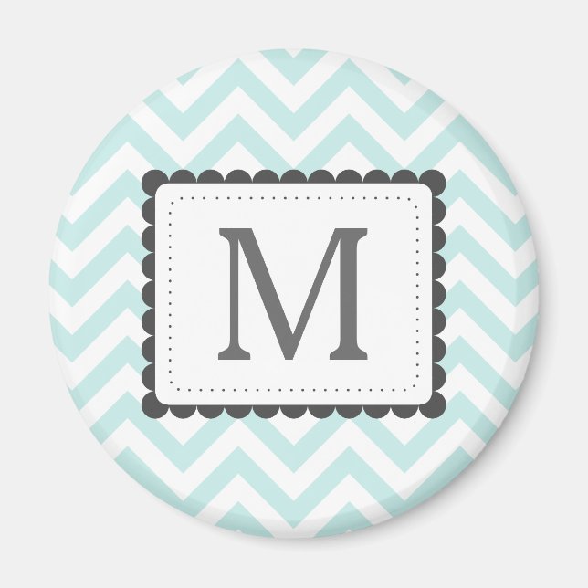 Mint Blue and White Chevron Anpassningsbar Monogra Magnet (Framsidan)
