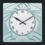 Mint Blue Art Deco Clock - Snyggt Abstrakt Linjer Fyrkantig Klocka<br><div class="desc">"art deco-klocka",  "art nouveau-klocka",  "light pastel mint blue",  "1920s geometric symmetrical linjer",  "snyggt sofistikerad 1920 stil",  "smart lyx",  "retro vintage lyxurious antique",  "elegant line mönster design",  "glamous glam square",  "classous y klassisk glamor"</div>