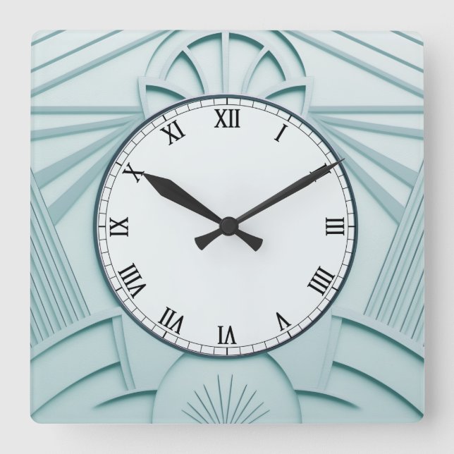 Mint Blue Art Deco Clock - Snyggt Abstrakt Linjer Fyrkantig Klocka (Framsida)