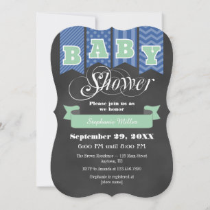 Mint Blue Chalkboard Flagga Baby Shower Inbjudan