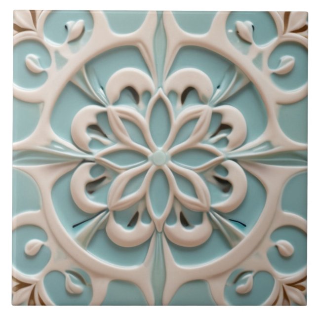 Mint Blue Daisy Flower Faux Relief Boho Blommigt Kakelplatta (Framsidan)