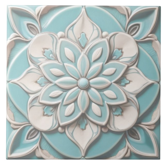 Mint Blue Faux Relief Elegant Blommigt Flower Kakelplatta (Framsidan)