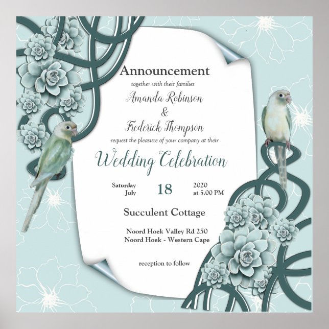 Mint Blue Gräs Grönt Succulents Poster (Framsidan)