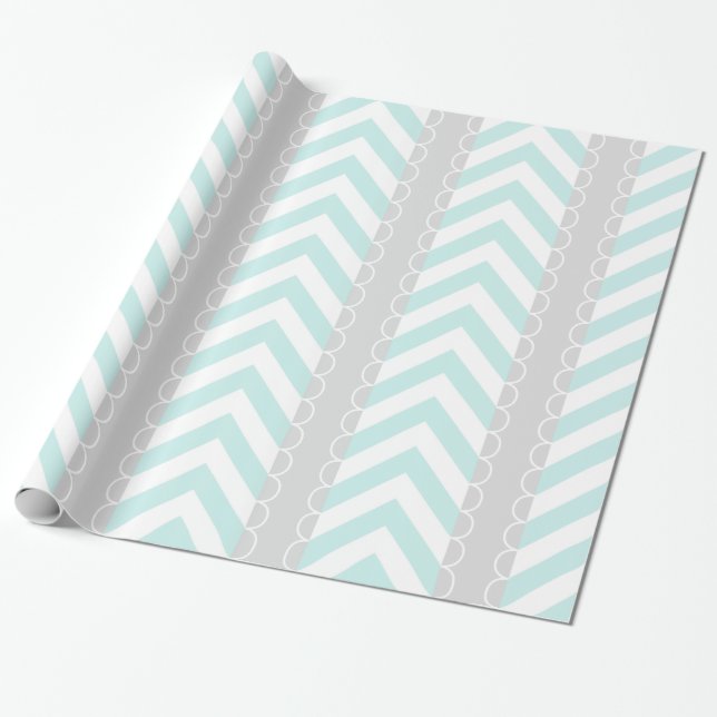 Mint Blue, Grått, White Chevron Rand Mönster Presentpapper (Utrullad)