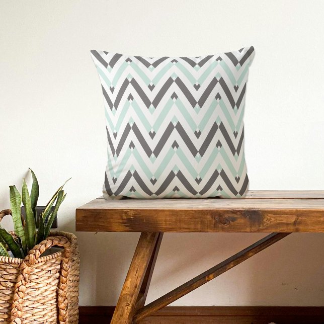 Mint Blue Grått White Geometric Chevron Mönster Kudde (Skapare uppladdad)