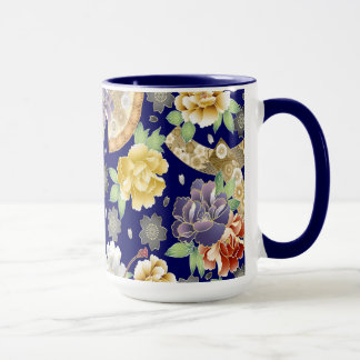 Mint Blue Guld Blommor vackra japanska Mönster Mugg